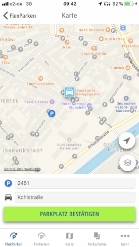 Screenshot, der zeigt, wie man in der App HandyParken München auf einer Karte seinen Standort bestätigen kann, um für diesen Standort ein Parkticket zu erwerben.