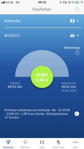 Screenshot, der zeigt, wie man in der App HandyParken München die Parkdauer minutengenau festlegen kann.