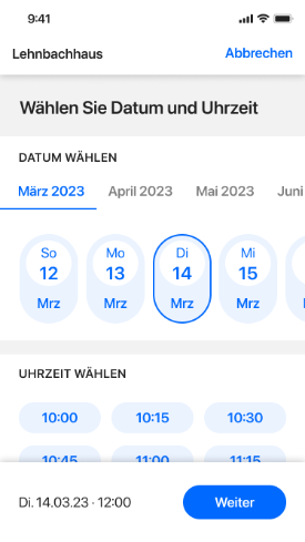 Screenshot, der die Auswahl von Datum und Uhrzeit in der App anzeigt