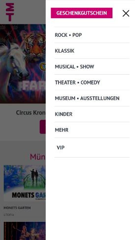 Screenshot, der zeigt, wie Sie bei München Ticket Events nach Ihrem Lieblingsgenre selektieren.