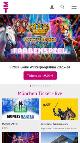 Screenshot, der zeigt, wie Sie bei München Ticket die aktuellen Veranstaltungen in und um München einsehen können.