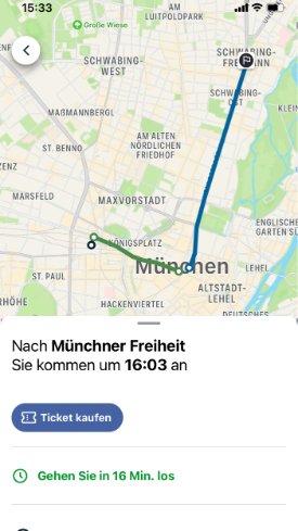 Screenshot, der zeigt, wie Sie in der MVG Deutschland App Ihre gewünschte Verbindung einsehen können
