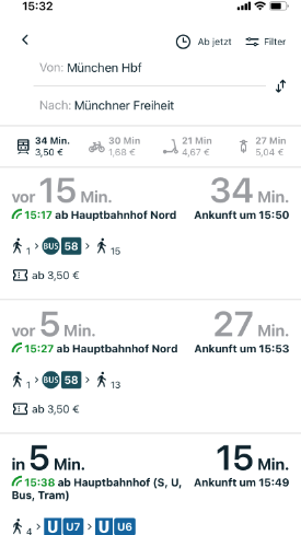 Screenshot, der zeigt, wie Sie in der MVG Deutschland App für Ihre Route aus verschiedenen Verkehrsmitteln wählen können