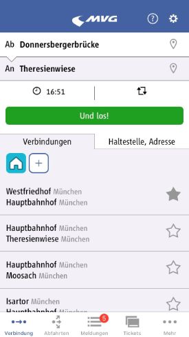 Screenshot, der zeigt, wie man in der App MVG Fahrinfo München den gewünschten Start- und Ziel-Standort eingibt, um Verbindungsvorschläge zu erhalten.