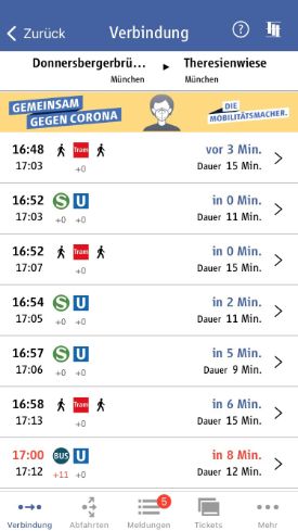 Screenshot, der zeigt, wie man in der App MVG Fahrinfo München mit einem Klick das passende Ticket wählen kann.