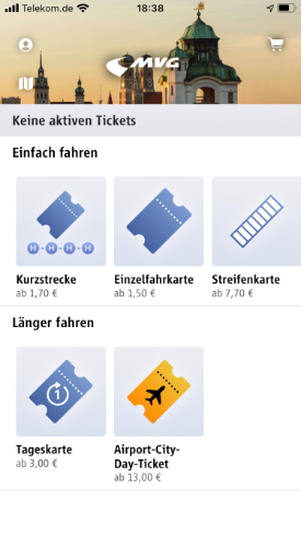 Screenshot, der die verschiedenen zur Auswahl stehenden Tickettypen in der App MVG Tickets 6091 anzeigt