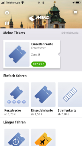Screenshot, der den aktiven Fahrschein in der App MVG Tickets 6091 angezeigt