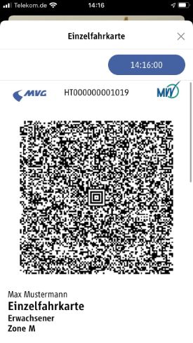 Screenshot vom aktiven Ticket mit QR-Code, das unter der Rubrik 