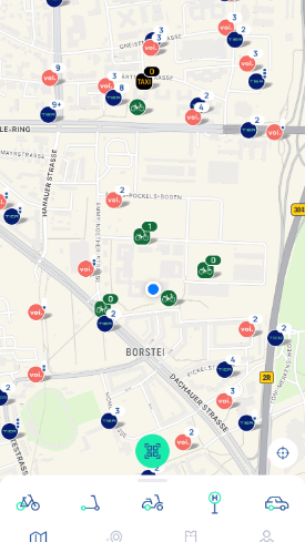 Screenshot, der die Übersicht aller Sharing-Fahrzeuge auf der Karte in der App MVGO zeigt