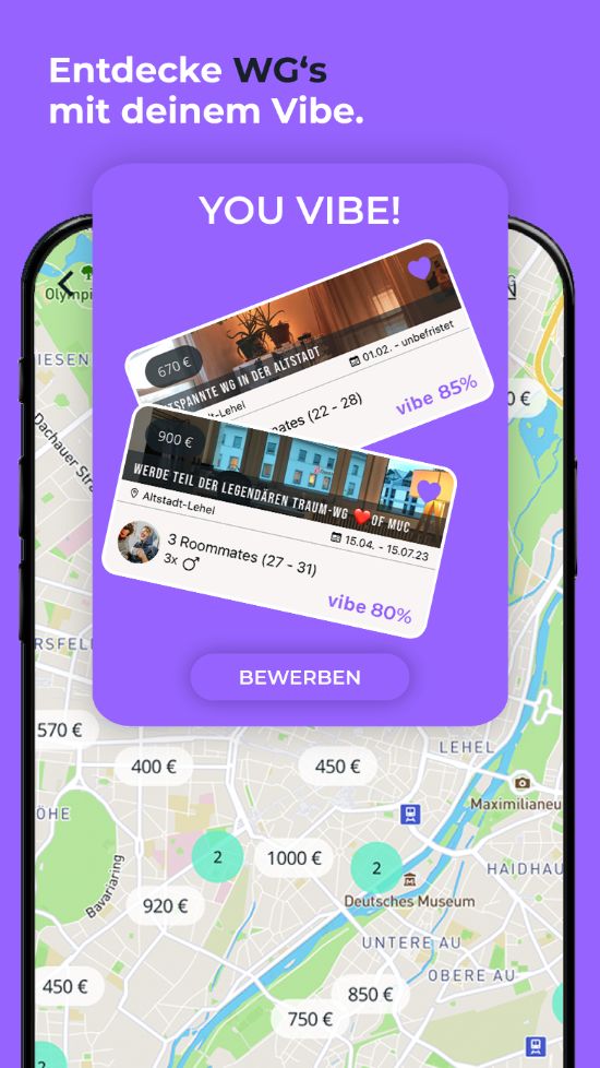 Screenshot, der die Übersicht der Angebote auf der Karte in der App heyroom zeigt